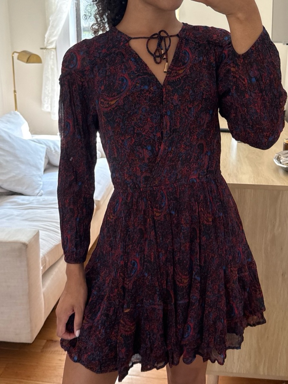 Cleobella Burgundy Paisley Tie-Neck Mini Dress with Blue Accents